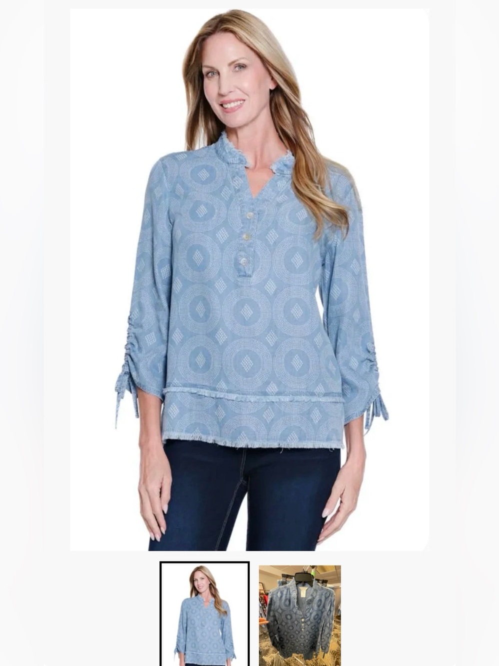 Multiples Women’s Blue Patterned Button-Neck Pullover